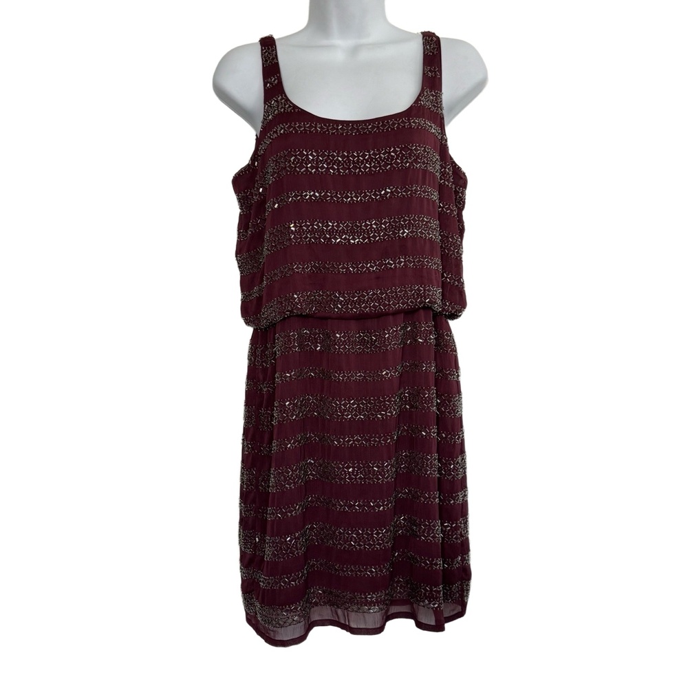 5/48‎ Cocktail Dress Sleeveless Striped Beaded Detail Aubergine Burgundy Size S